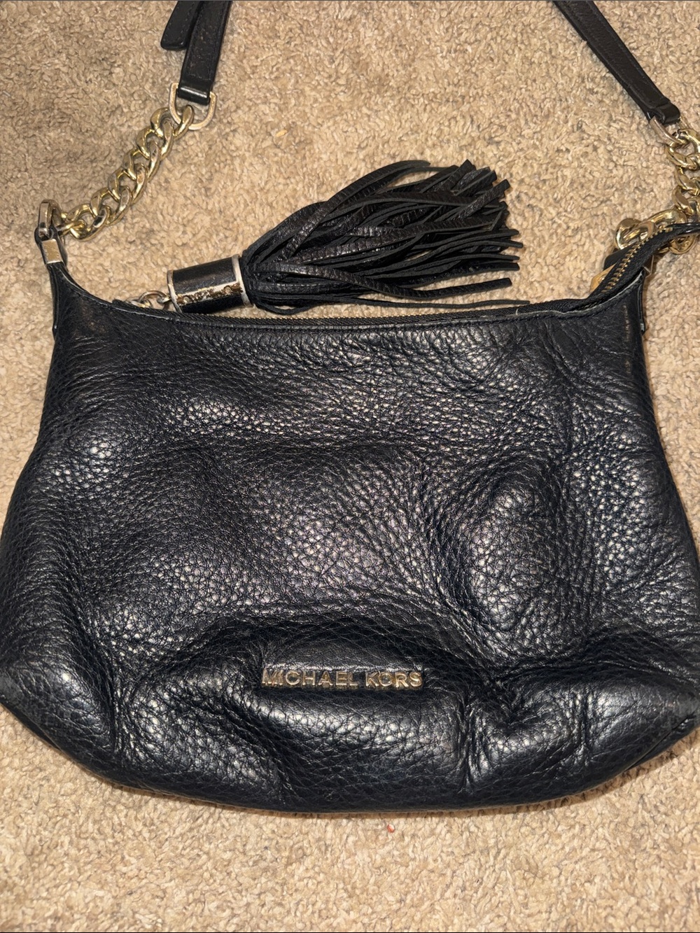 Michael Kors Black Pebbled Leather Crossbody with Gold Chain and Tassel